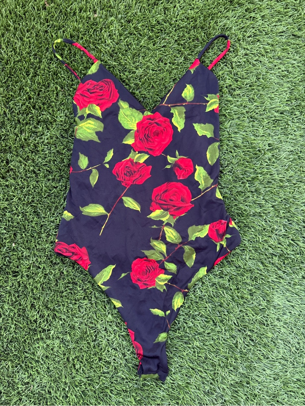 Fashion Nova Black Bodysuit with Red Rose Print